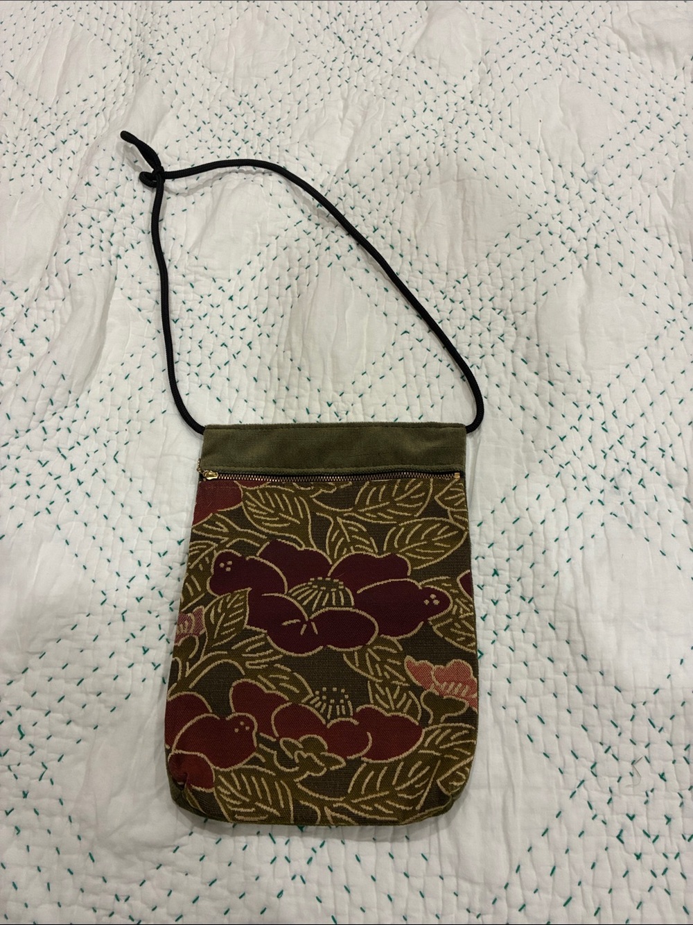 Olive Green Velvet Crossbody Bag with Floral Pocket - Picture 2 of 11